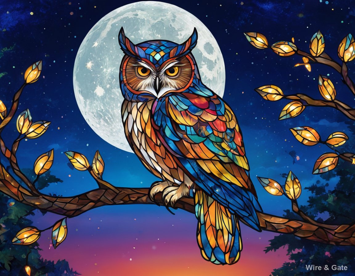 An owl with multicoloured stained-glass feathers, perched on a branch in front of the full moon