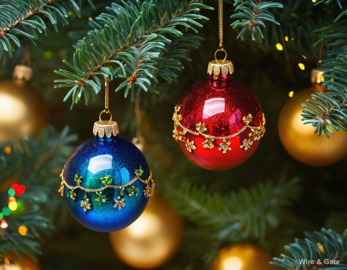 Deux boules de Noël, une bleue et une rouge ornées de fleurs dorées, suspendues à une branche de sapin
