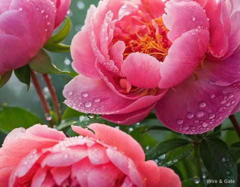 Les pivoines couvertes de rosée