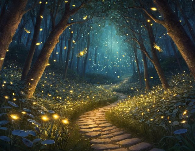 Un sentier de pierres qui s’enfonce dans une forêt de nuit pleine de lucioles