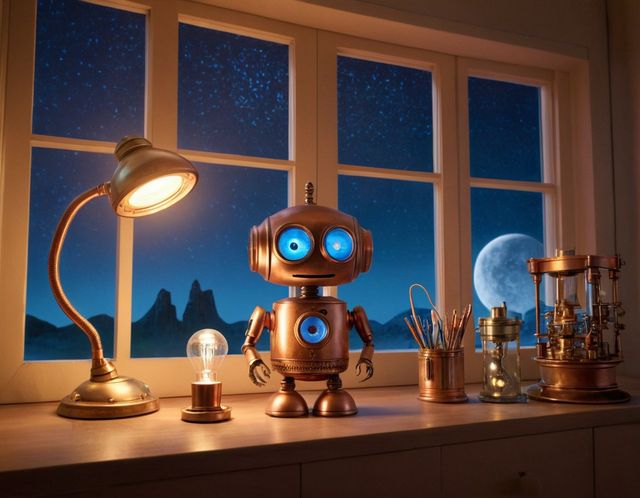 Bit, un petit robot de cuivre aux yeux bleus lumineux, sur l’établi d’un labo, la nuit, à côté d’une lampe