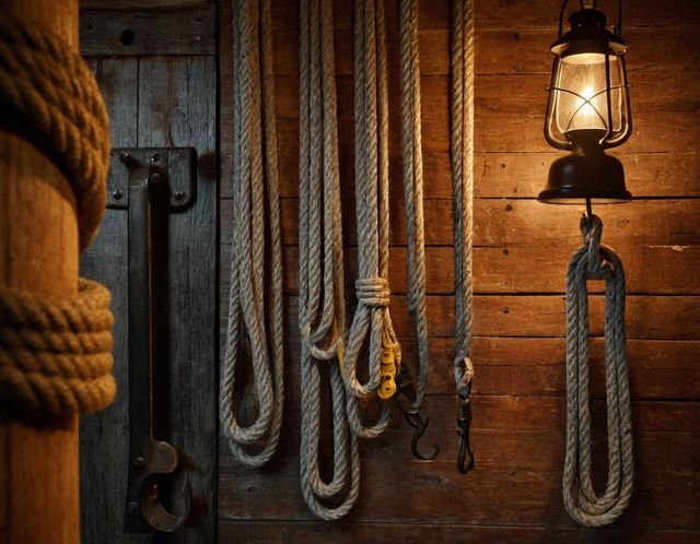 Des cordages enroulés, pendus au mur de bois de la réserve, sous une lanterne