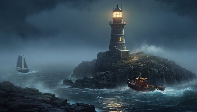 Le phare allumé sur son île rocheuse, la nuit, dans la tempête ; un bateau de pêche dans les vagues