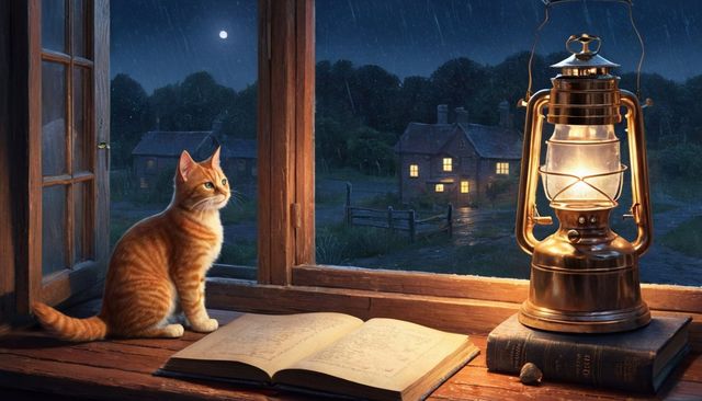 Le chat roux de la gardienne près de la fenêtre de la cuisine, à côté d’une lampe à huile