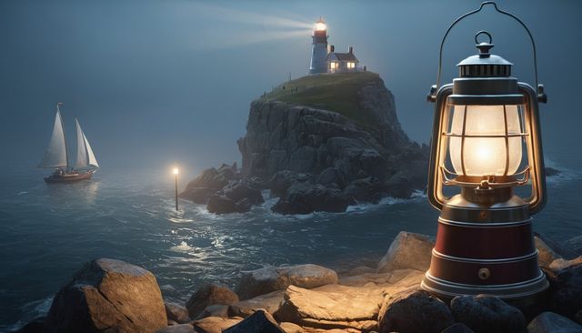 Le phare allumé sur son rocher dans la brume, un voilier au large et une lanterne