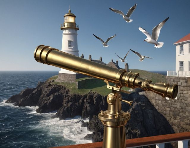 Une longue-vue de laiton pointée sur la baie, des mouettes et un phare